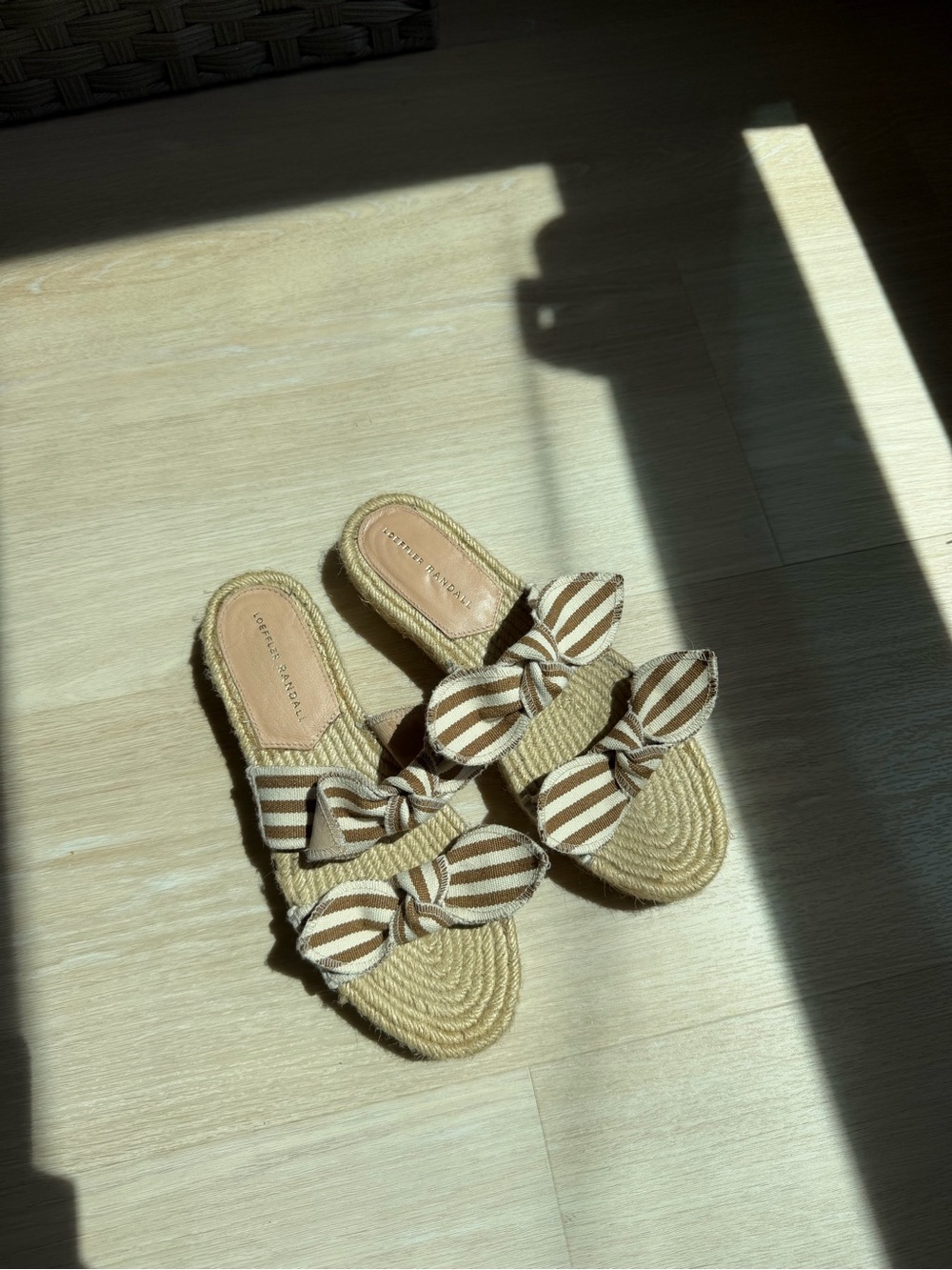 Loeffler Randall Tan-and-White Striped Bow Slide Sandals